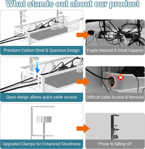 No Drill under Desk Cable Management Tray,  15.7" Cord Organizer for Table, Clamp Mount Desk Cable Management, Premium Carbon Steel Cable Organizer for Office, Home (White)