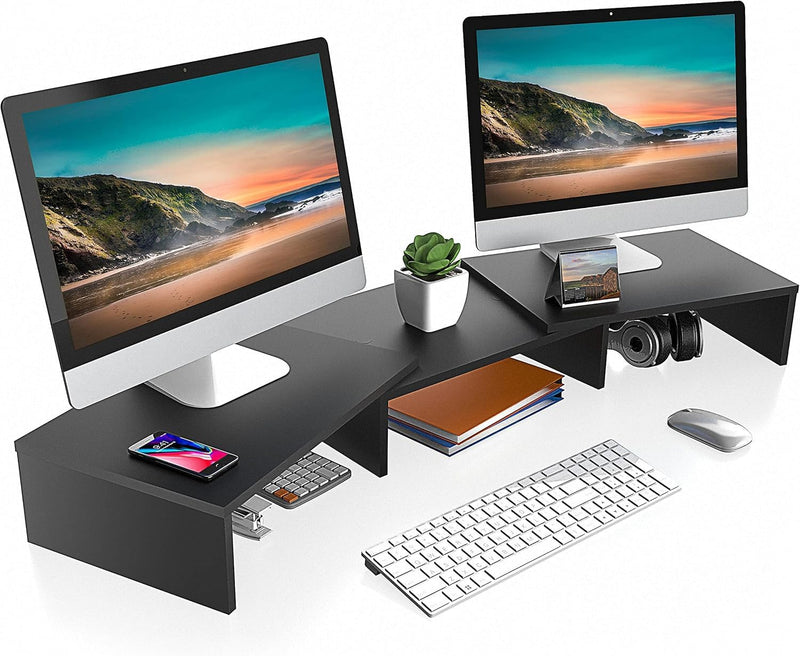 Desklyn DualRiser — 3-Shelf Adjustable Wood Monitor Stand