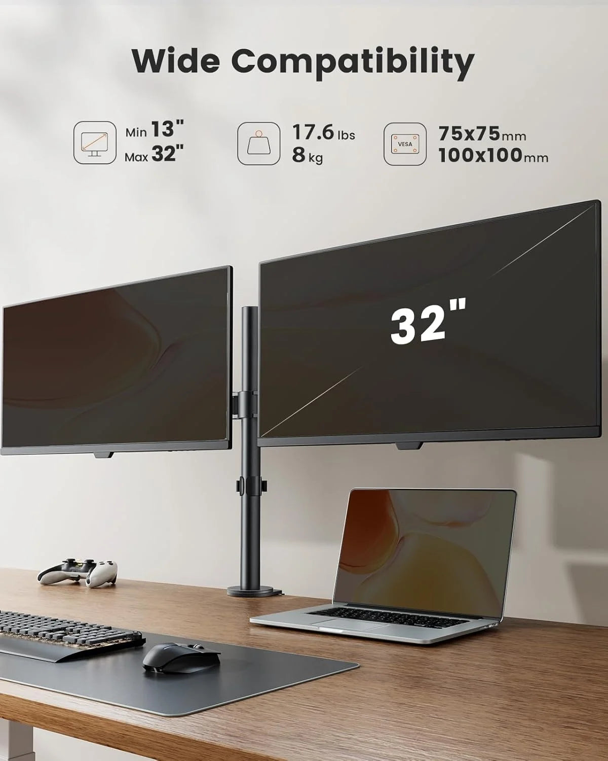 Dual Monitor Stand for 13 to 32 Inch Screens, Desk Mount with C-Clamp, Each Arm Holds 17.6 Lbs, Double Monitor Mount Full Motion Adjustability for Height, Swivel, Tilt, and Rotation, Max 100X100Mm