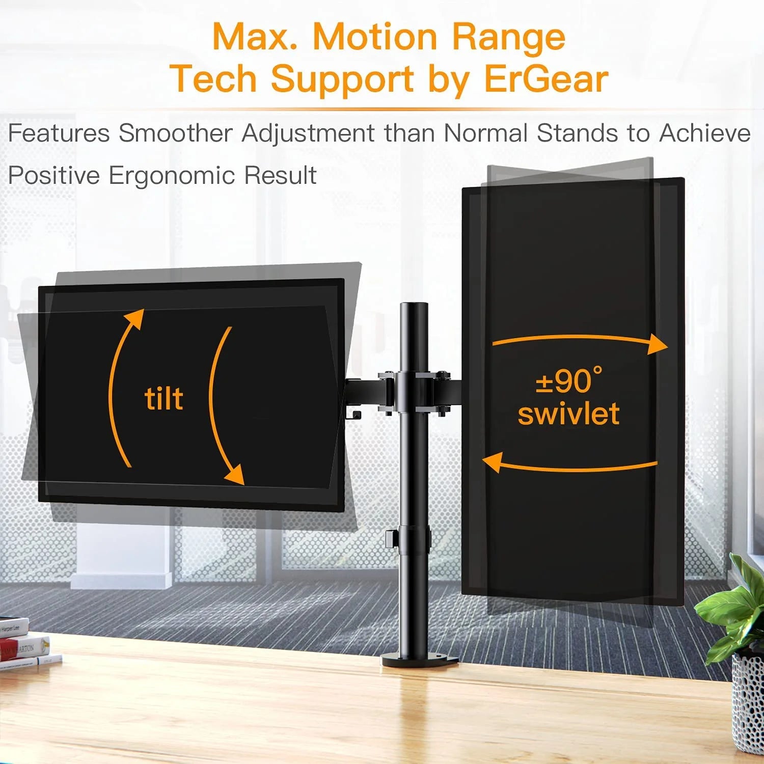 Dual Monitor Stand for 13 to 32 Inch Screens, Desk Mount with C-Clamp, Each Arm Holds 17.6 Lbs, Double Monitor Mount Full Motion Adjustability for Height, Swivel, Tilt, and Rotation, Max 100X100Mm